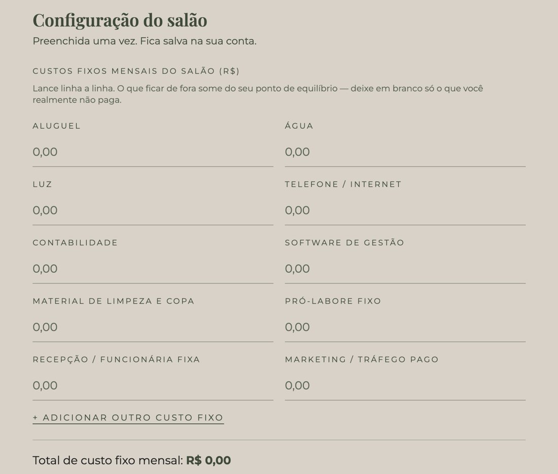 Tela do app: configuração do salão