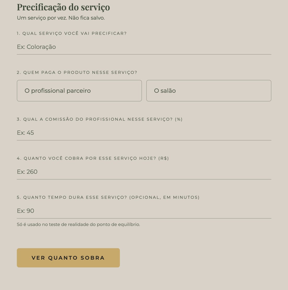 Tela do app: precificação do serviço